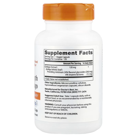 Гінкго Білоба, Extra Strength Ginkgo, Doctor's Best, екстрасильний, 120 мг, 120 веганських капсул