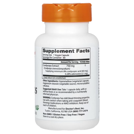 Кордицепс ультра, Ultra Cordyceps, Doctor's Best, 750 мг, 60 веганских капсул