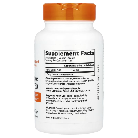 Альфа-ліпоєва кислота, Alpha Lipoic Acid, Doctor's Best, 150 мг, 120 веганських капсул