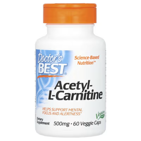 Ацетил карнітин, Acetyl-L-Carnitine, Doctor's Best, 1000 мг, 60 веганських капсул (500 мг у капсулі)