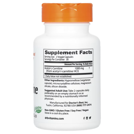 Ацетил карнітин, Acetyl-L-Carnitine, Doctor's Best, 1000 мг, 60 веганських капсул (500 мг у капсулі)