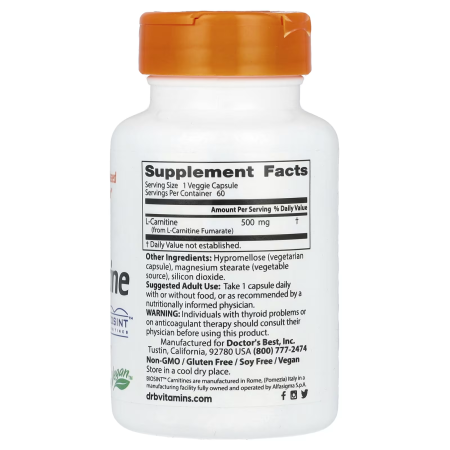 L-карнитин фумарат, L-Carnitine Fumarate with Biosint Carnitine, Doctor's Best, 500 мг, 60 веганских капсул