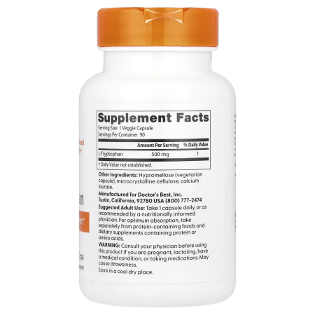 Триптофан, L-Tryptophan, Doctor's Best, 500 мг, 90 веганских капсул