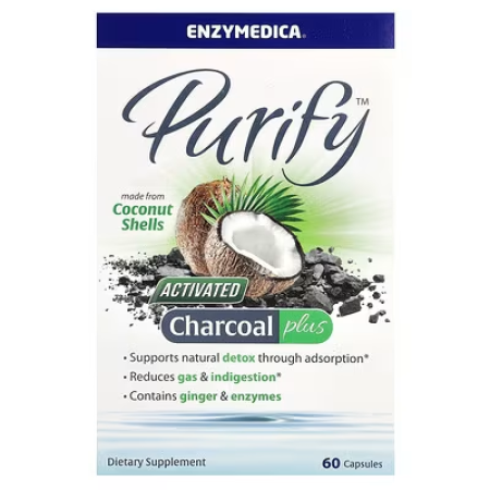 Активированный уголь из кокоса, Activated Coconut Charcoal+, Enzymedica, Purify, для веганов, 60 капсул