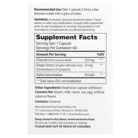 Активоване вугілля з кокоса, Activated Coconut Charcoal +, Enzymedica, Purify, для веганів, 60 капсул