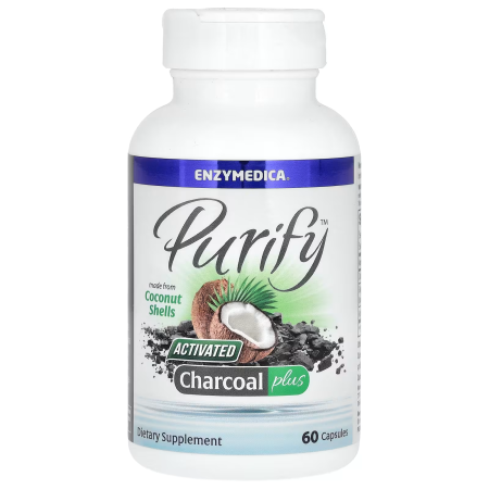 Активоване вугілля з кокоса, Activated Coconut Charcoal +, Enzymedica, Purify, для веганів, 60 капсул