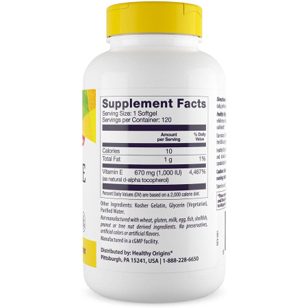Вітамін Е, Vitamin E, Healthy Origins, суміш токоферолів, 1000 МО, 60 гелевих капсул