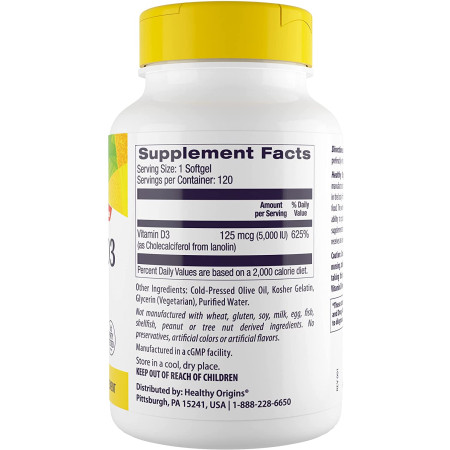Витамин D3, Vitamin D3, Healthy Origins, 5000 МЕ, 120 гелевых капсул