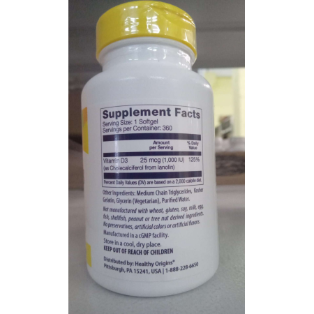 Вітамін D3 в маслі МСТ, Vitamin D3 in MCT Oil, Healthy Origins, 1000 МО, 360 гелевих капсул