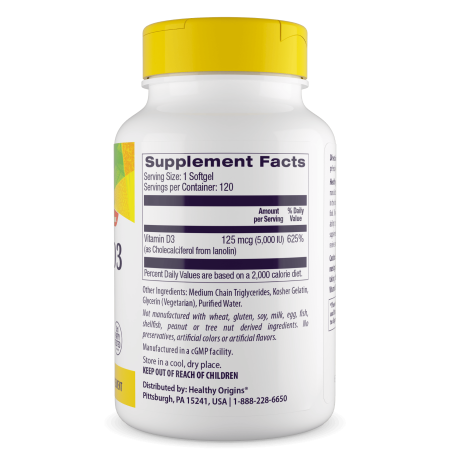 Витамин D3 в масле МСТ, Vitamin D3 in MCT Oil, Healthy Origins, 5000 МЕ, 120 гелевых капсул