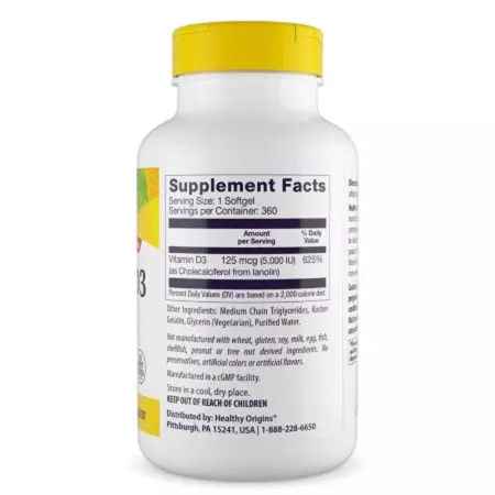 Витамин D3 в масле МСТ, Vitamin D3 in MCT Oil, Healthy Origins, 5000 МЕ, 360 гелевых капсул