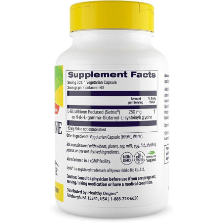 Глутатіон, L-Glutathione, Healthy Origins, Setria, знижений, 250 мг, 60 капсул