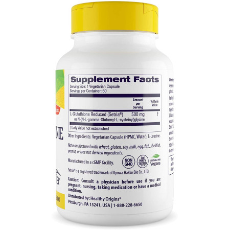 Глутатион, L-Glutathione, Healthy Origins, Setria, пониженный, 500 мг, 60 вегетарианских капсул