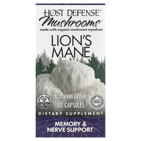 Ежовик Гребенчатый, Lion's Mane, Fungi Perfecti, Host Defense, 30 капсул (0,5 г на капсулу)