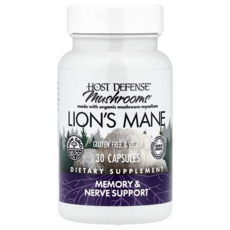 Їжовик Гребінчастий, Lion's Mane, Fungi Perfecti, Host Defense, 30 капсул (0,5 г на капсулу)