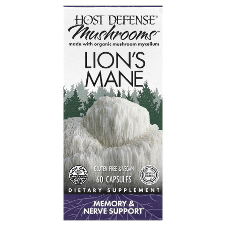 Ежовик гребенчатый, Lion's Mane, Fungi Perfecti, Host Defense, 60 капсул (0,5 г на капсулу)