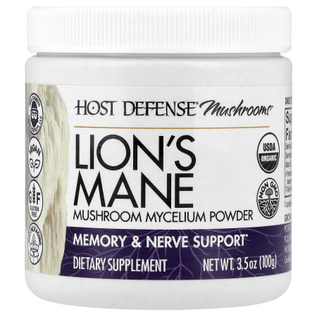 Їжовик гребінчастий, Lion's Mane, Host Defense, порошок грибного міцелію, для підтримки пам'яті та нервової системи, 100 г