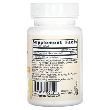 MK-7, активная форма витамина K2, Vitamin K2, Jarrow Formulas, 180 мкг, 30 гелевых капсул