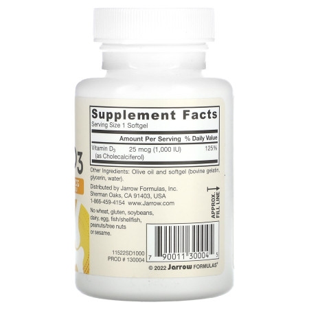 Вітамін D3, холекальциферол, Vitamin D3, Jarrow Formulas, 25 мкг (1000 МО), 200 гелевих капсул