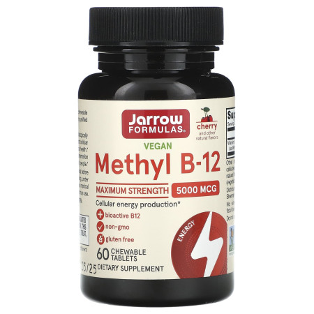Вітамін В12, Methyl B-12, Jarrow Formulas, максимальна сила, вишня, 5000 мкг, 60 жувальних таблеток