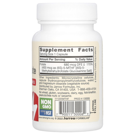 Метилфолат, Methyl Folate, Jarrow Formulas, підвищеної концентрації, 400 мкг, 60 веганських капсул