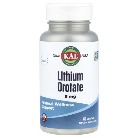 Литий, Lithium Orotate, KAL, 5 мг, 60 капсул