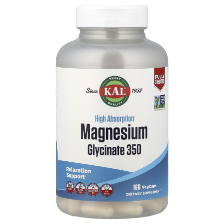 Магний глицинат, Magnesium Glycinate, KAL, высокая абсорбция, 350 мг, 160 вегетарианских капсул