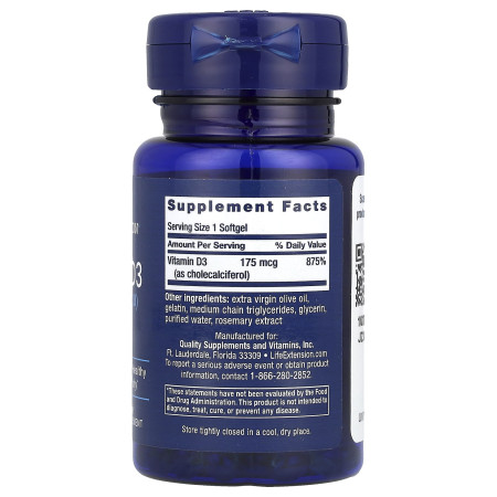 Вітамін D3, Vitamin D3, Life Extension, 175 мкг (7000 МО), 60 гелевих капсул