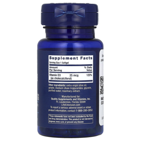 Витамин D3, Vitamin D3, Life Extension,25 мкг (1000 МЕ), 90 гелевых капсул