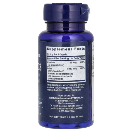Витамин D3 с морским йодом, Vitamin D3, Life Extension, с йодом, 125 мкг (5000 МЕ), 60 капсул