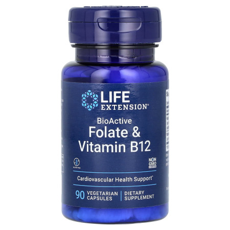 Фолієва кислота та вітамін B12, Folate & Vitamin B12, BioActive, Life Extension, 90 вегетаріанських капсул