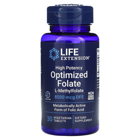 Фолат, Optimized Folate, Life Extensions, оптимізований з високою ефективністю, 8500 мкг DFE, 30 вегетаріанських таблеток