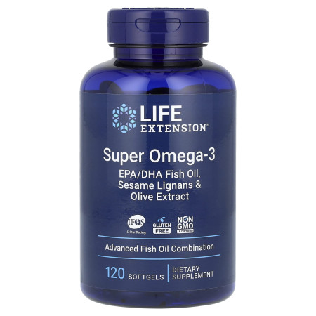Омега-3, рыбий жир ЭПК/ДГК, Super Omega-3, Life Extension, с лигнанами кунжута и экстрактом оливы, 120 гелевых капсул