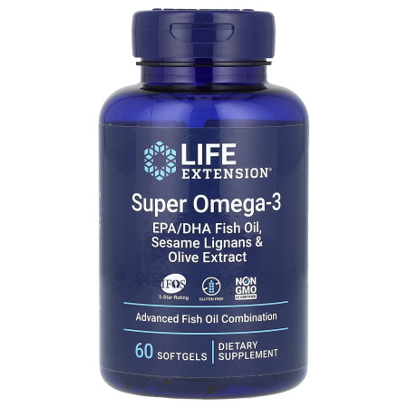  Омега-3, Super Omega-3, Life Extension,  рыбий жир EPA/DHA, лигнаны кунжута и экстракт оливок, 60 гелевых капсул