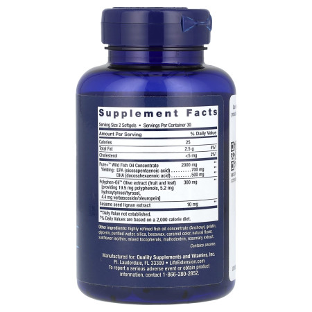  Омега-3, Super Omega-3, Life Extension,  рыбий жир EPA/DHA, лигнаны кунжута и экстракт оливок, 60 гелевых капсул