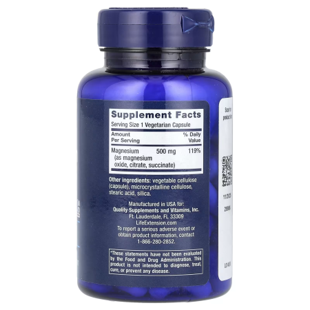 Магний, Magnesium, Life Extension, 500 мг, 100 вегетарианских капсул