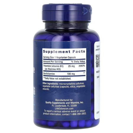 Бенфотиамин, Benfotiamine, Life Extension, с тиамином, 100 мг, 120 вегетарианских капсул