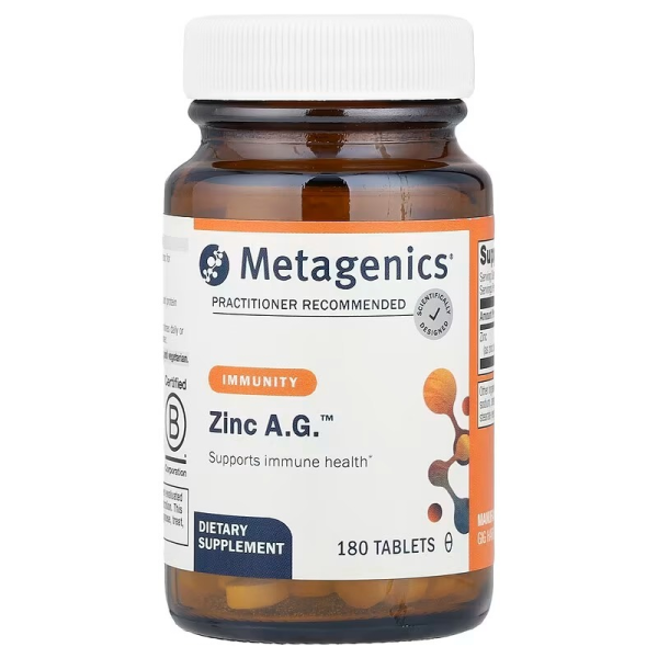 Цинк, Zinc A.G., Metagenics, для підтримки імунітету, здоров'я кісток та енергетичного обміну, високозасвоюваний аргінат та гліцинат цинку, 20 мг, 180 таблеток