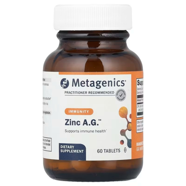 Цинк, Zinc A.G., Metagenics, для підтримки імунітету, здоров'я кісток та енергетичного обміну, високозасвоюваний аргінат та гліцинат цинку, 20 мг, 60 таблеток