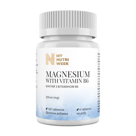 Магній та вітамін В6, Magnesium with Vitamin B6, My Nutri Week, 200 мг, 100 таблеток (50 мг у таблетці)
