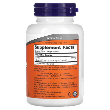 L-лизин, L-Lysine, NOW Foods, 500 мг, 100 вегетарианских капсул