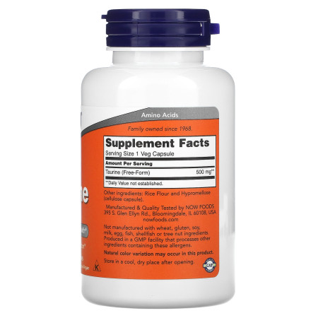 Таурин, Taurine, Now Foods, 500 мг, 100 вегетарианских капсул