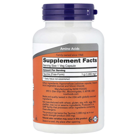 Таурин, Taurine, Now Foods, 1000 мг, 100 вегетарианских капсул