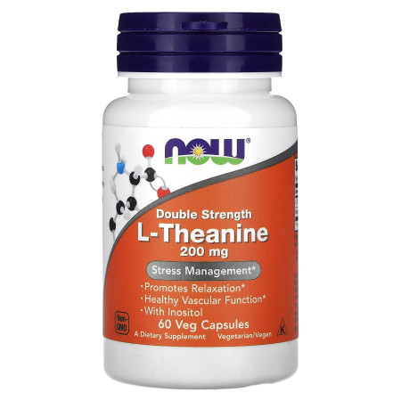 L-теанін, L-Theanine, NOW Foods, подвійна сила, 200 мг, 60 рослинних капсул 