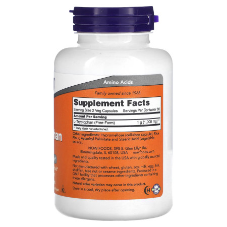 L-триптофан, L-Tryptophan, Now Foods, 500 мг, 120 веганских капсул