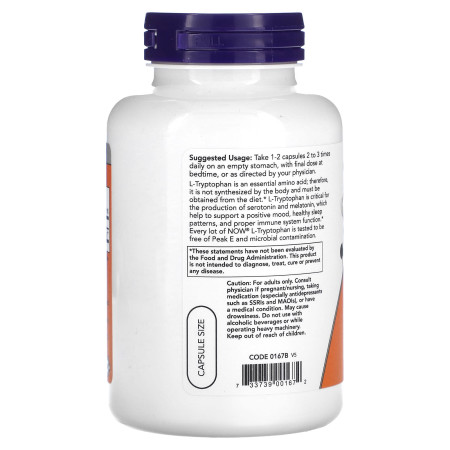 L-триптофан, L-Tryptophan, Now Foods, 500 мг, 120 веганских капсул