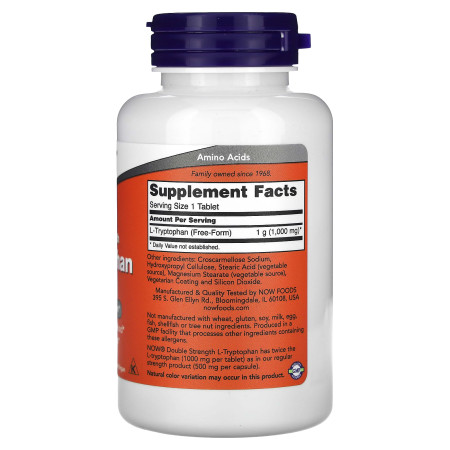 L-триптофан, L-Tryptophan, Now Foods, двойная концентрация, 1000 мг, 60 таблеток