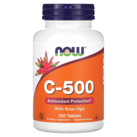 Вітамін С-500, Vitamin C With Rose Hips, NOW Foods, з плодами шипшини, 250 таблеток