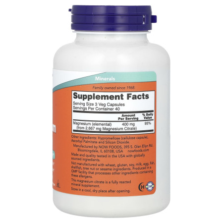 Магній цитрат, Magnesium Citrate, Now Foods, 120 капсул (133 мг у капсулі)