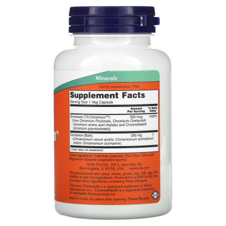 Хром, Tri-Chromium, Now Foods, 500 мкг, 180 веганских капсул